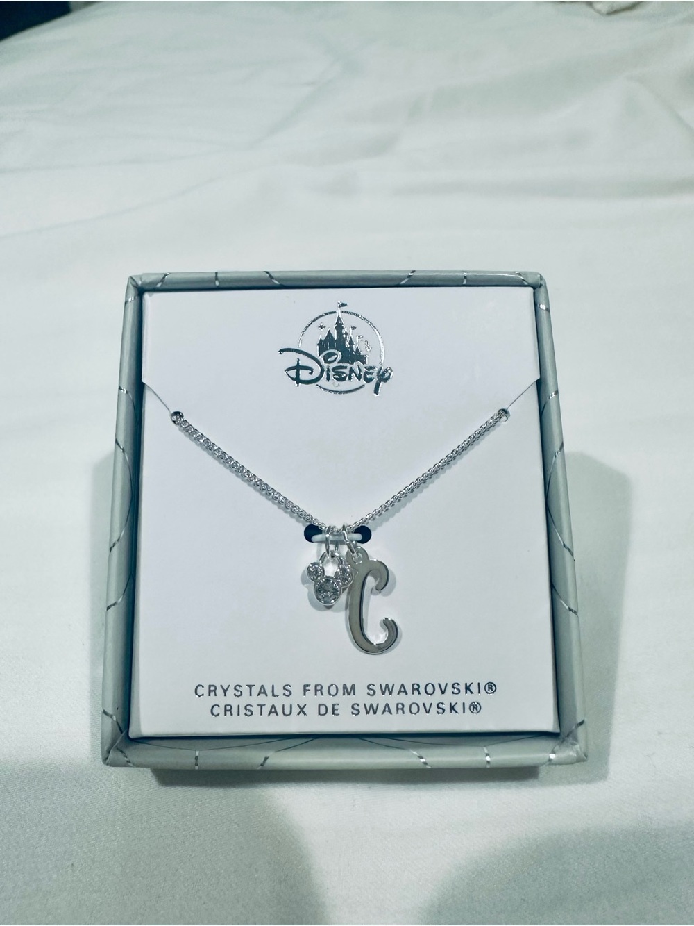 NWT Disney Silver 'C' Initial Necklace with Sparkling Swarovski Crystal